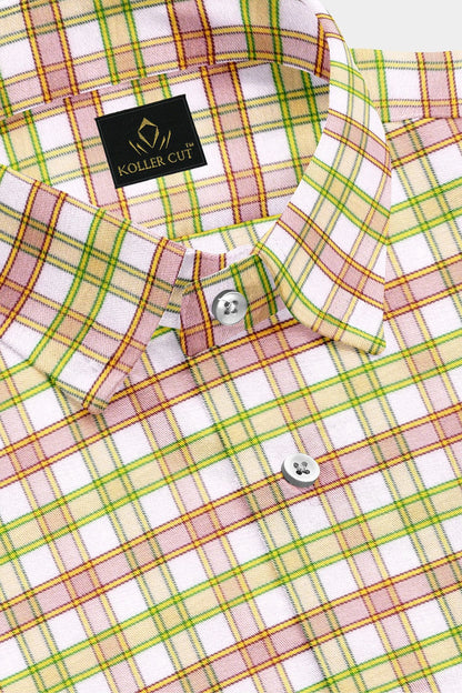 White with Foliage Green and Camellia Red Checks Cotton Shirt