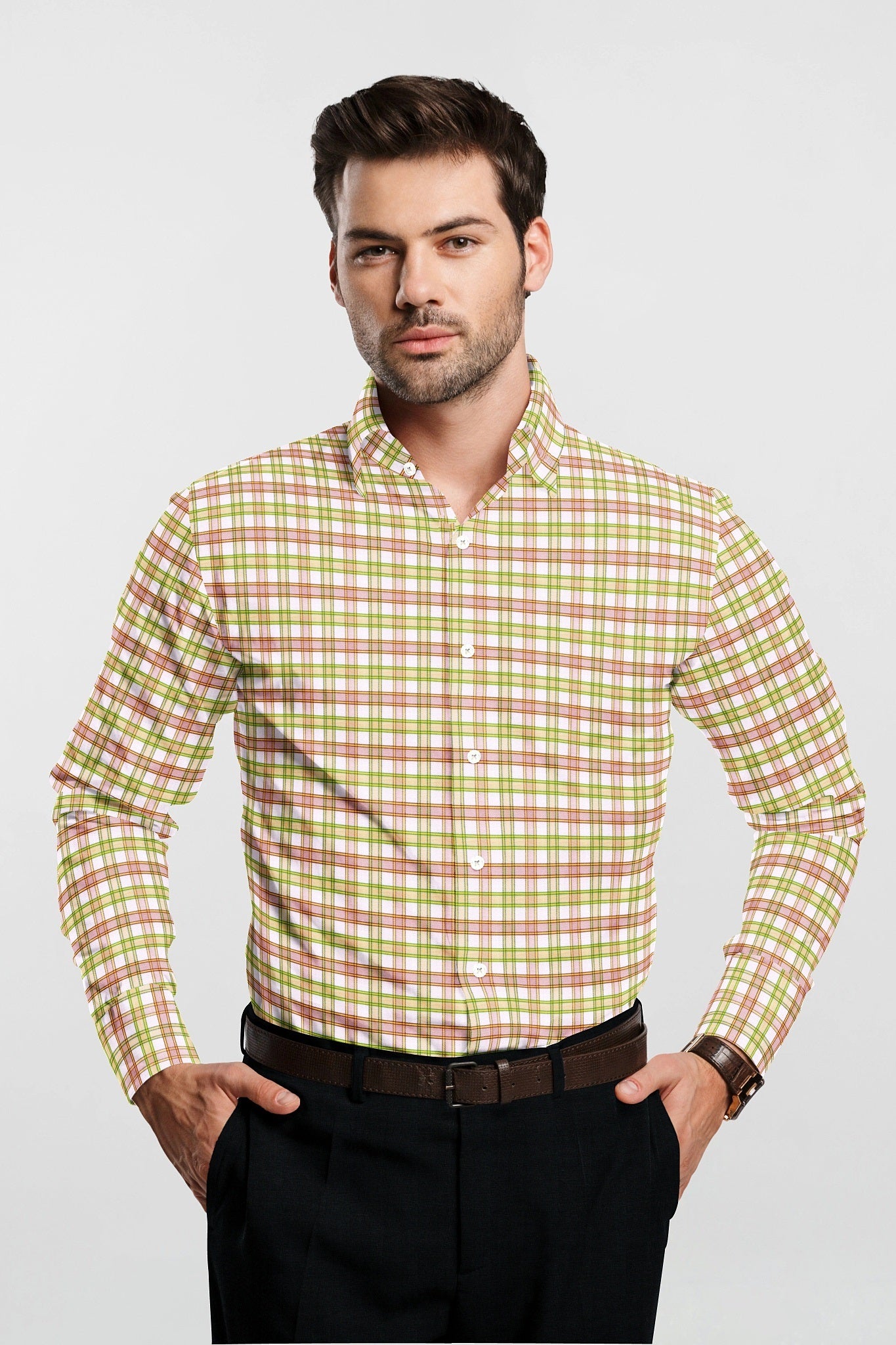 White with Foliage Green and Camellia Red Checks Cotton Shirt