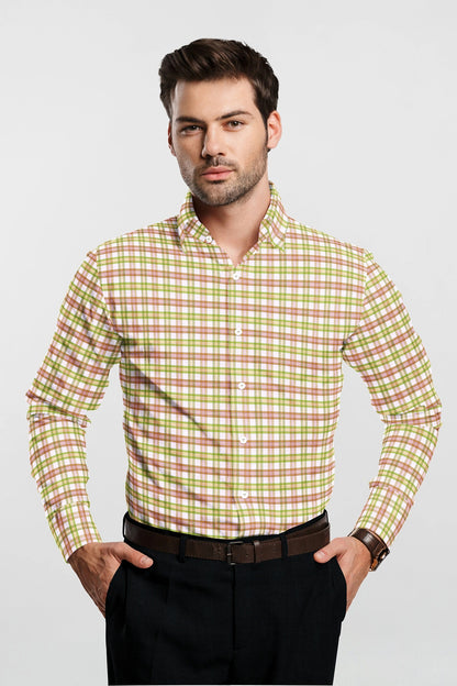 White with Foliage Green and Camellia Red Checks Cotton Shirt