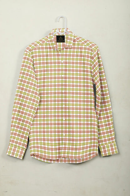 White with Foliage Green and Camellia Red Checks Cotton Shirt