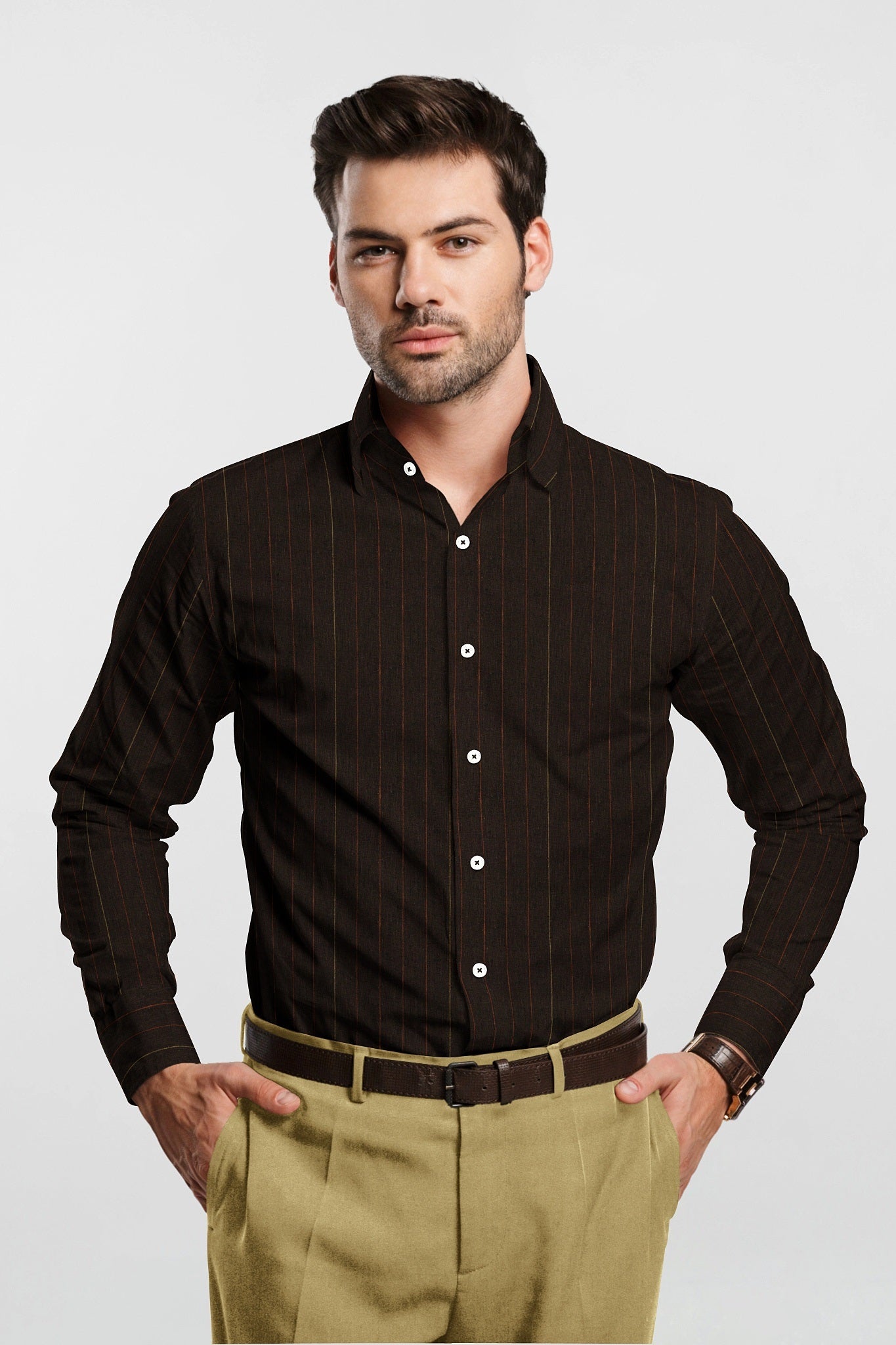 Bistre Brown with Khaki and Rust Red Pinstripes Cotton Shirt