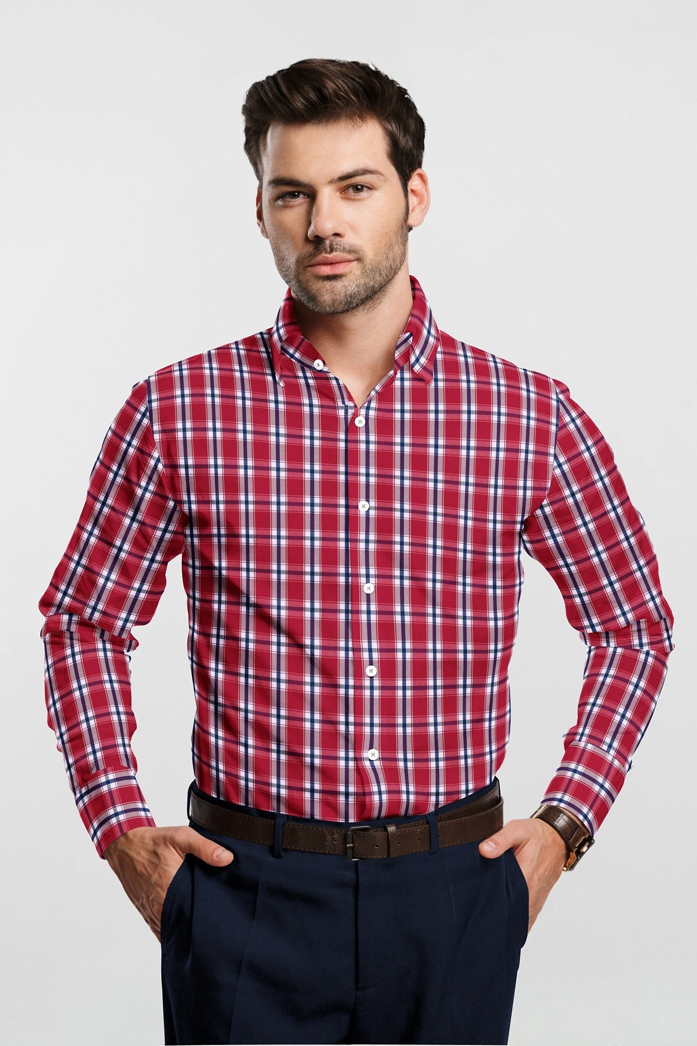 Hibiscus Red with Grape Purple and Prussian Blue Plaid Cotton Shirt