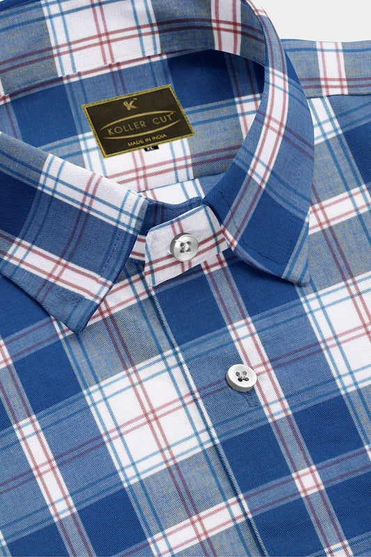 Bayern Blue with White and Red Checks Cotton Shirt