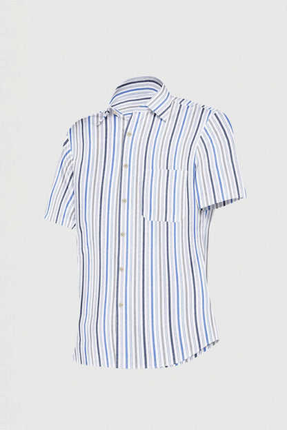 White with Seal Gray and Steel Blue Wide Stripes Cotton Linen Shirt