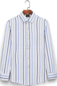 White with Seal Gray and Steel Blue Wide Stripes Cotton Linen ShirtWhite with Seal Gray and Steel Blue Wide Stripes Cotton Linen Shirt