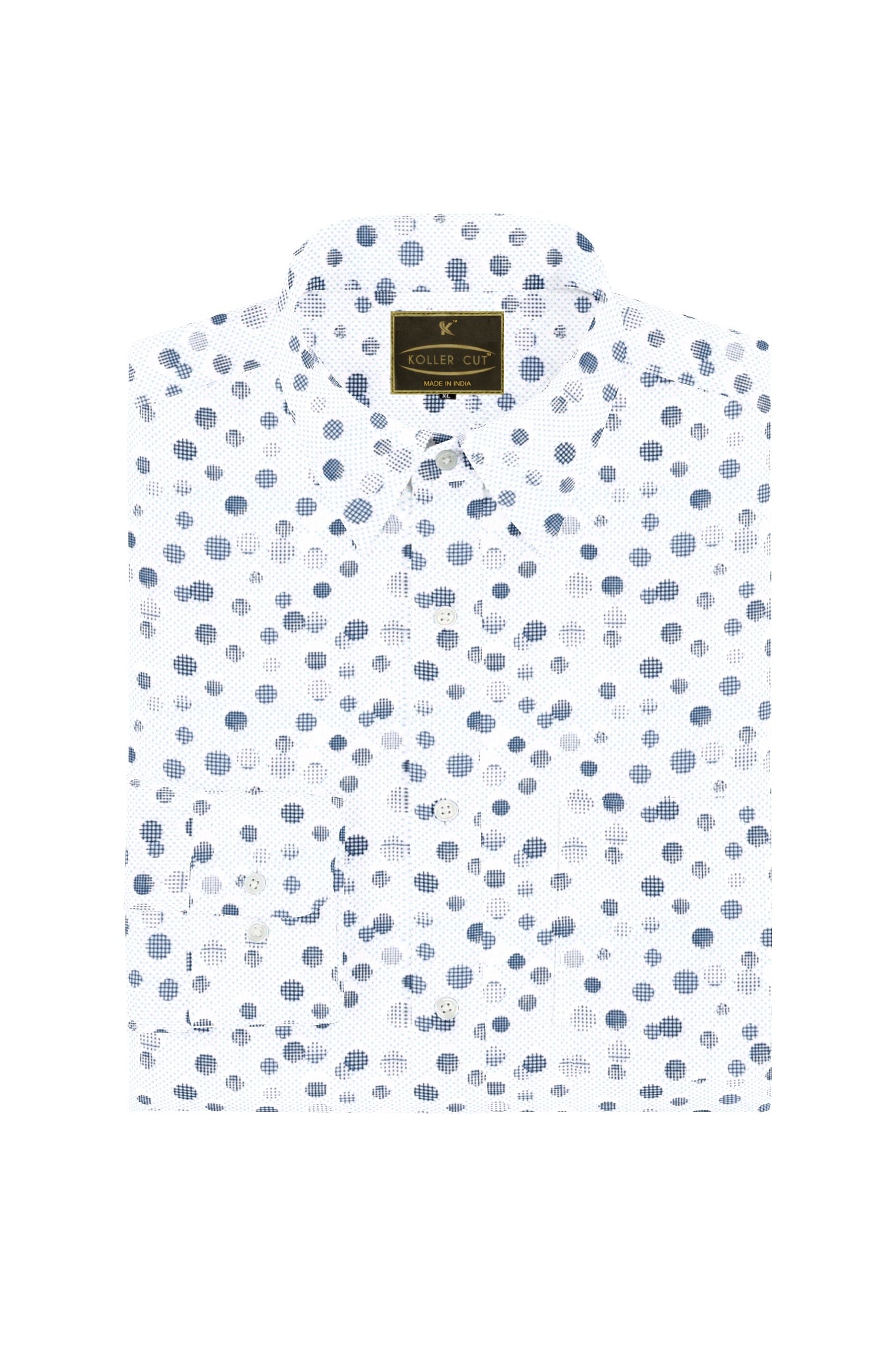 White and Broncos Navy Round Mesh Pattern Printed Cotton Shirt