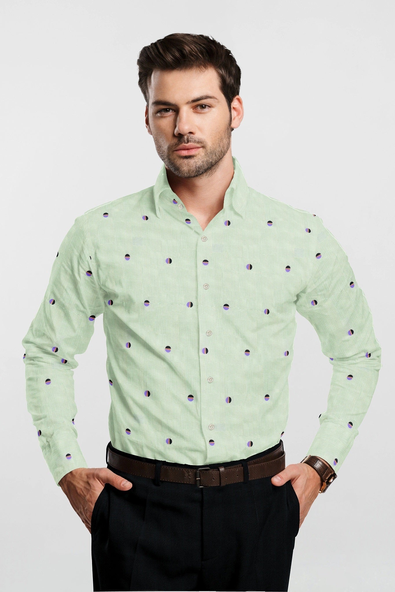 Surf Crest Green With Medium Purple and Burning Sand Orange Round Cotton Shirt