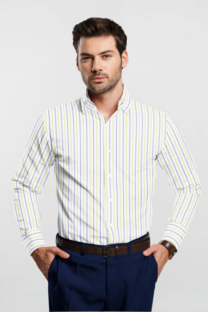 White with Sapphire Blue and Avocado Green Double Stripes Premium Cotton Shirt