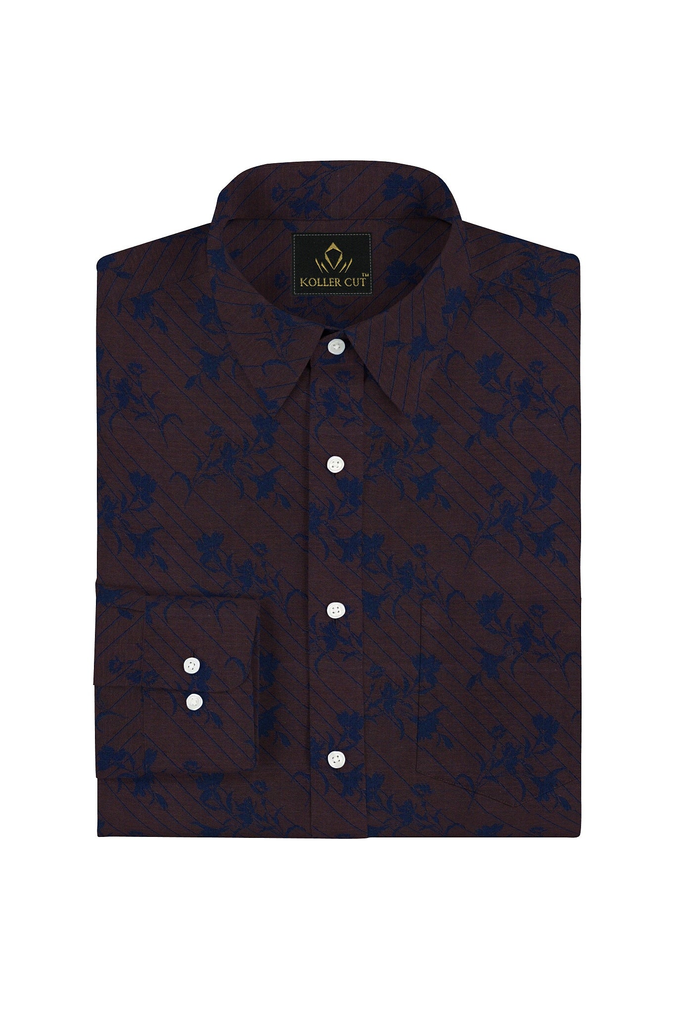 Brunette Brown and Medieval Blue Tulip Plant Jacquard Print Premium Cotton Shirt