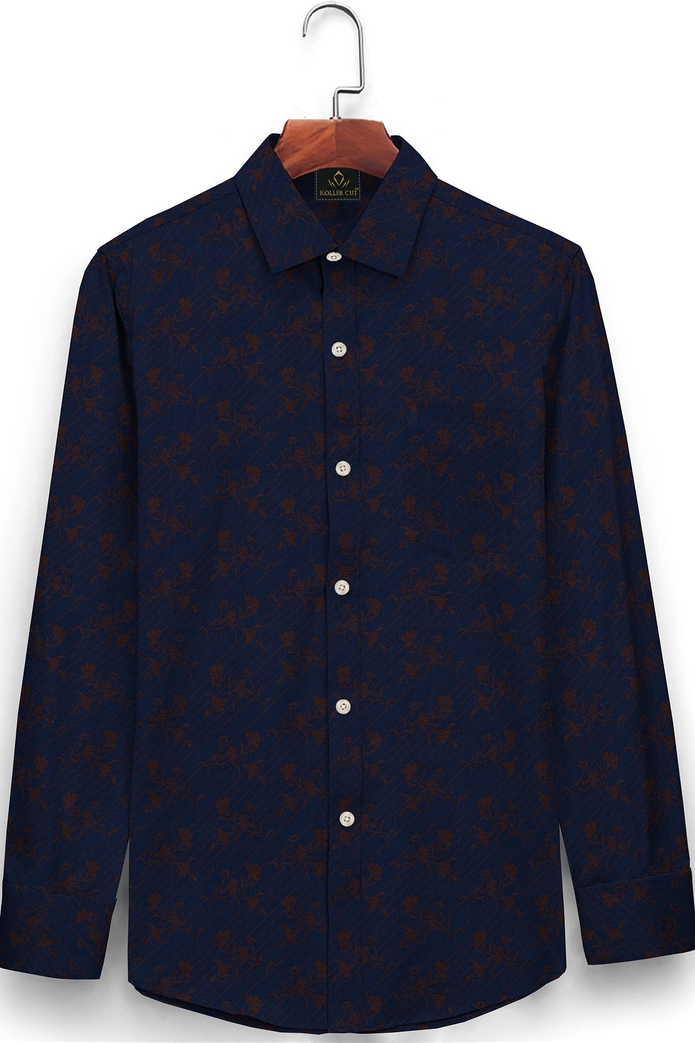 Medieval Blue and Brunette Brown Tulip Plant Jacquard Print Premium Cotton Shirt