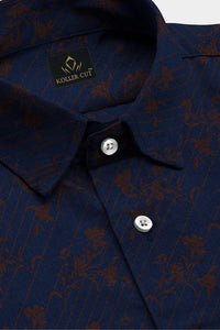 Medieval Blue and Brunette Brown Tulip Plant Jacquard Print Premium Cotton Shirt