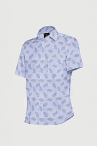 Dolphin Gray and Celadon Blue American Elm Leaf Printed Pure Linen Shirt