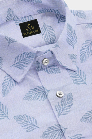 Dolphin Gray and Celadon Blue American Elm Leaf Printed Pure Linen Shirt - Linen Shirt for Men in Bengaluru