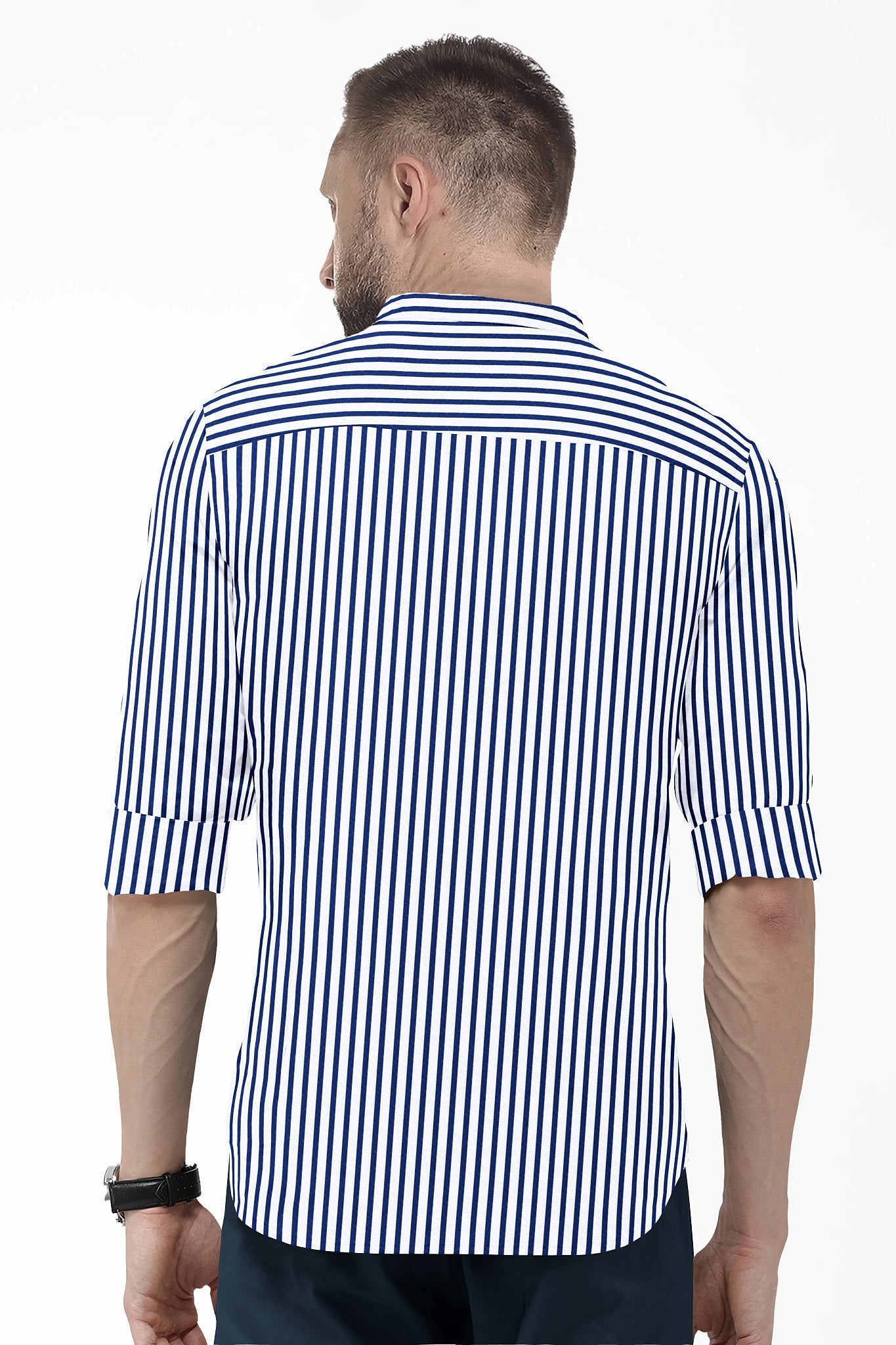 White and Victoria Blue Candy Stripes Mandarin Collar Cotton Shirt-Formal Cotton Shirt in India