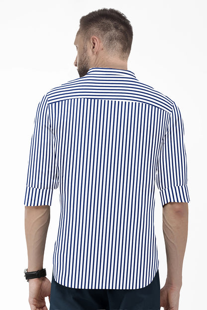 White and Victoria Blue Candy Stripes Mandarin Collar Cotton Shirt-Formal Cotton Shirt in India