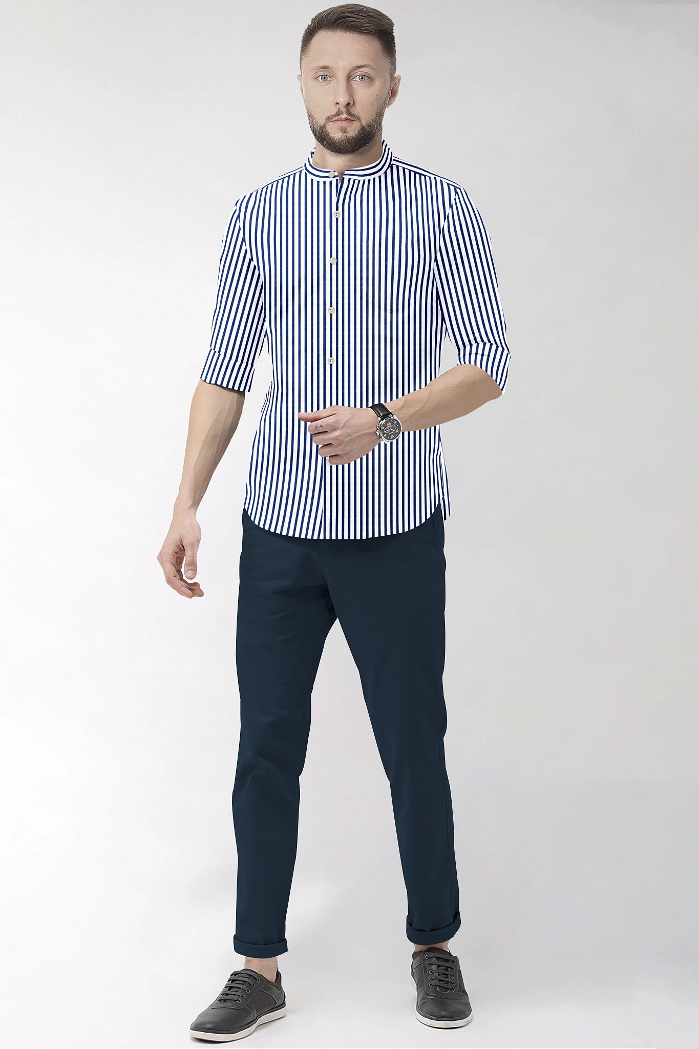 White and Victoria Blue Candy Stripes Mandarin Collar Cotton Shirt-Formal Cotton Shirt in India