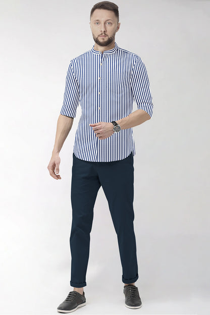 White and Victoria Blue Candy Stripes Mandarin Collar Cotton Shirt-Formal Cotton Shirt in India