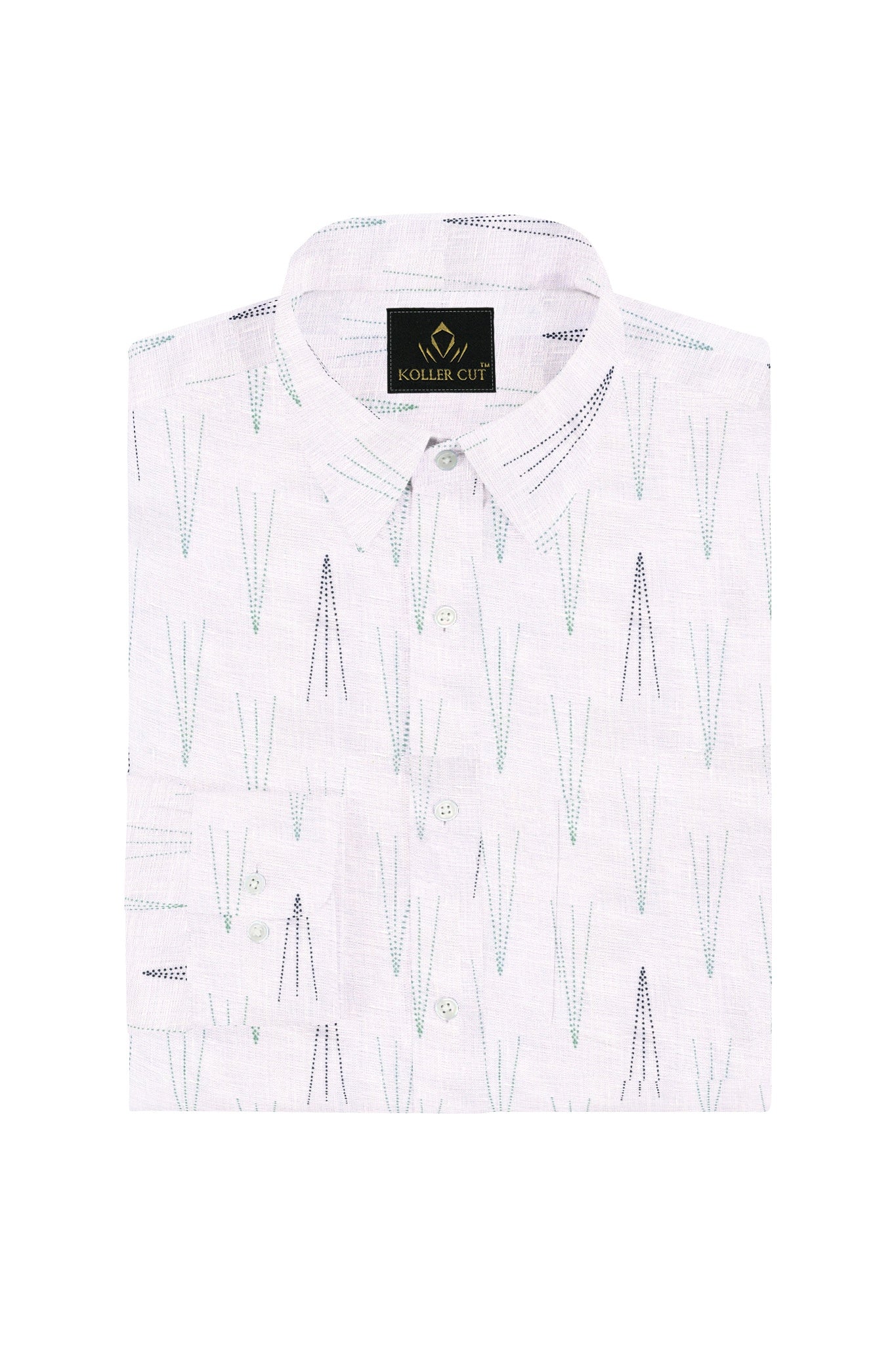 Bright White with Veronese Green and Black Dot Arrowhead Printed Pure Linen Shirt