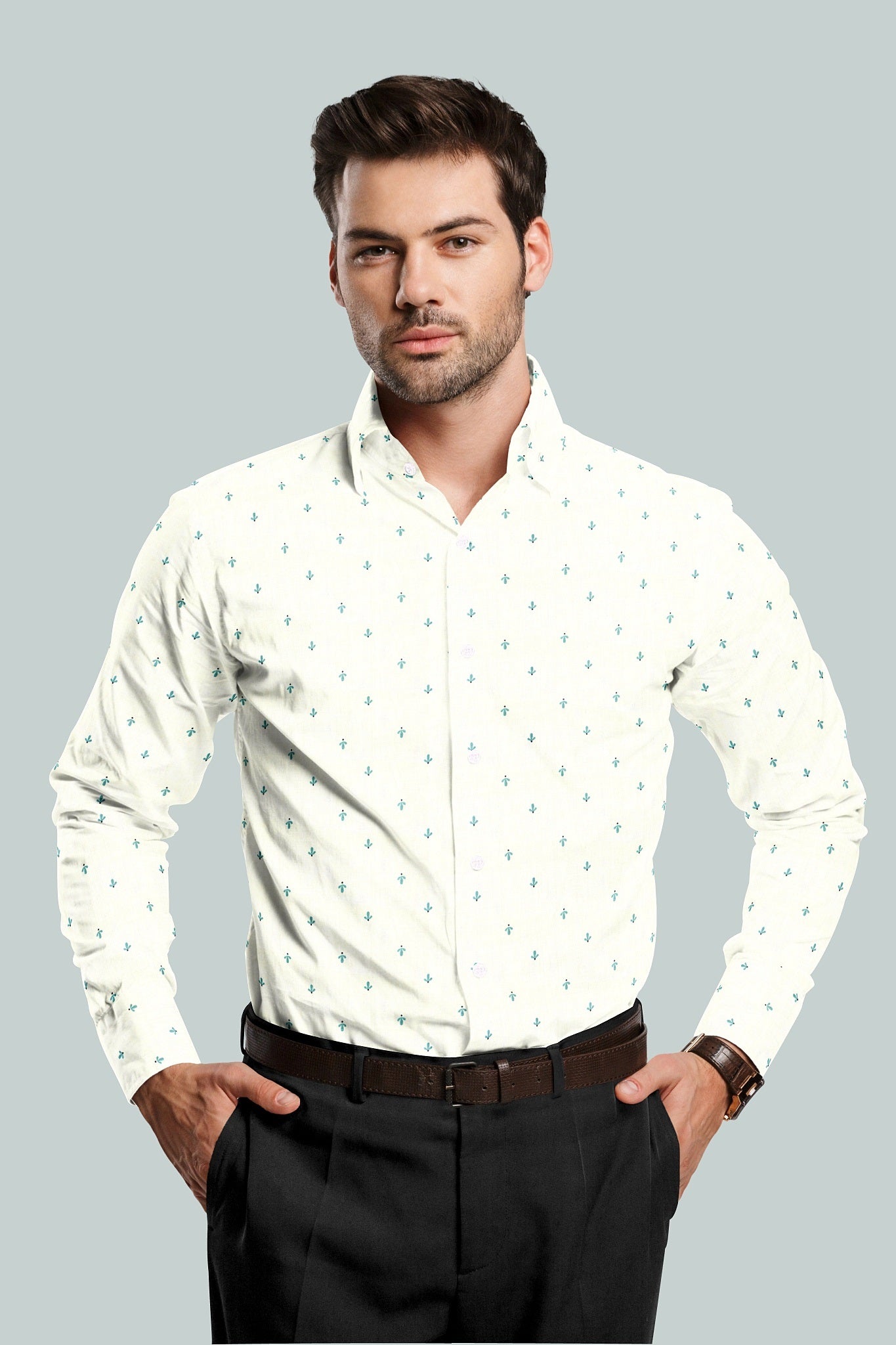 Bright White and Turquoise Blue Cactus Printed Luxurious Linen Shirt