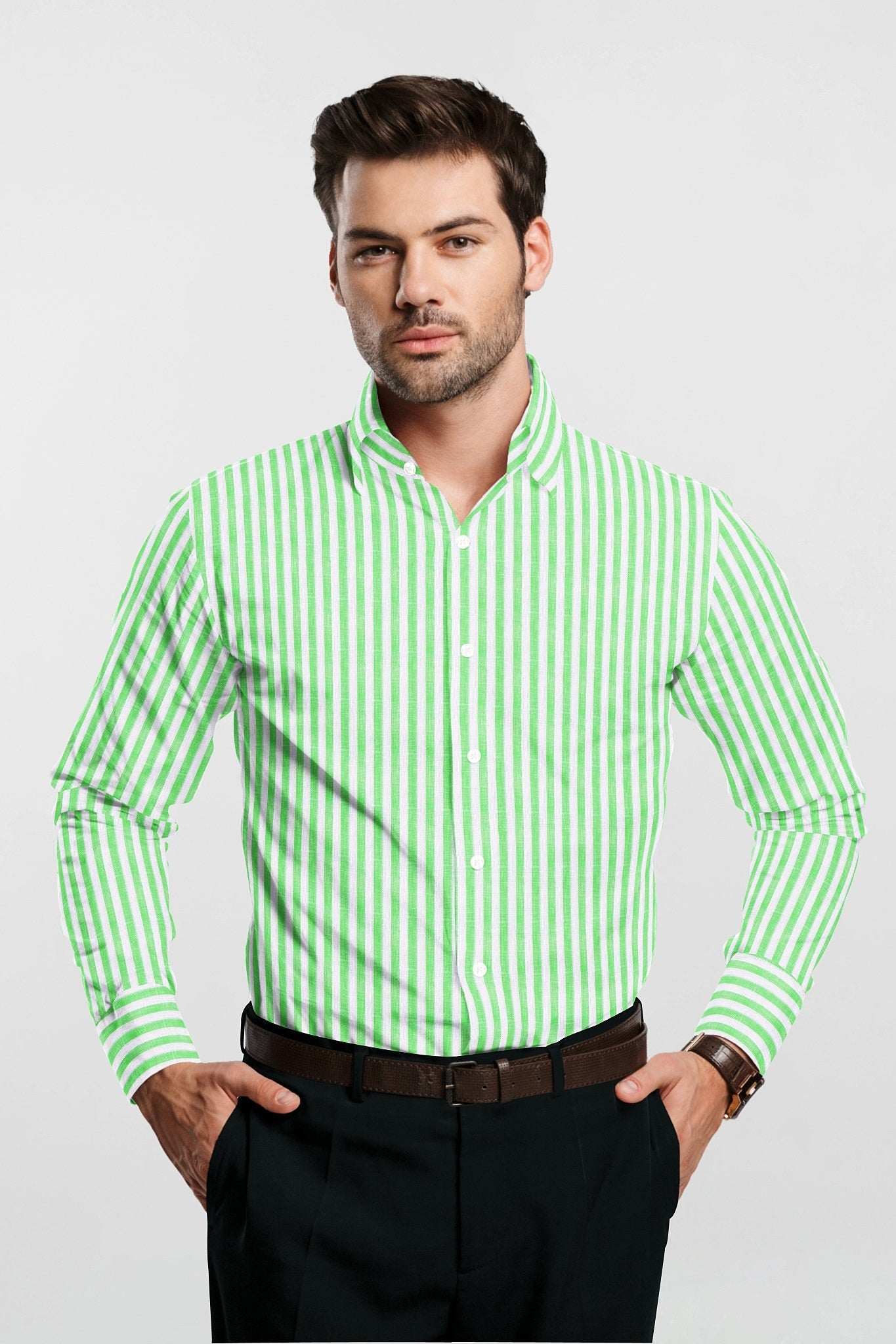 100% linen striped shirt · Blue, Green · Shirts