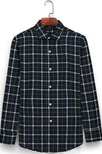 Insignia Blue with Avocado Green and White Checks Cotton Shirt