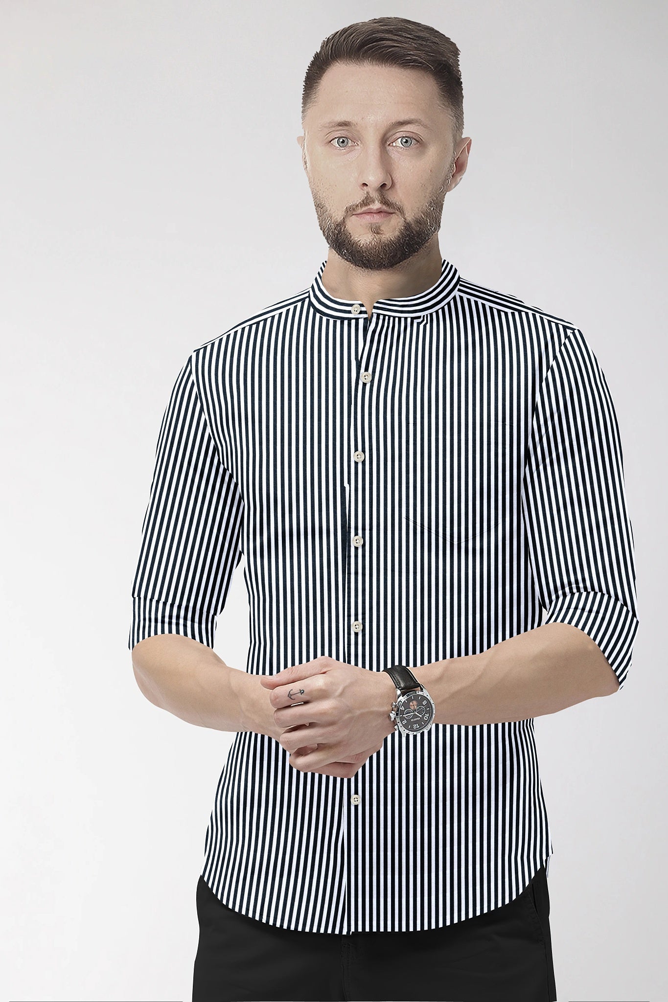 Jet Black and White Candy Stripes Mandarin Collar Cotton Shirt