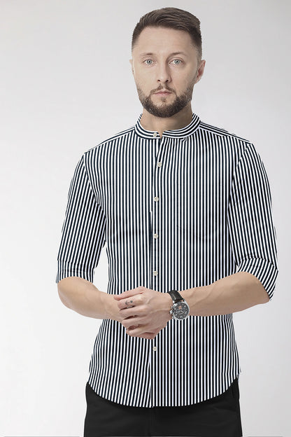 Jet Black and White Candy Stripes Mandarin Collar Cotton Shirt
