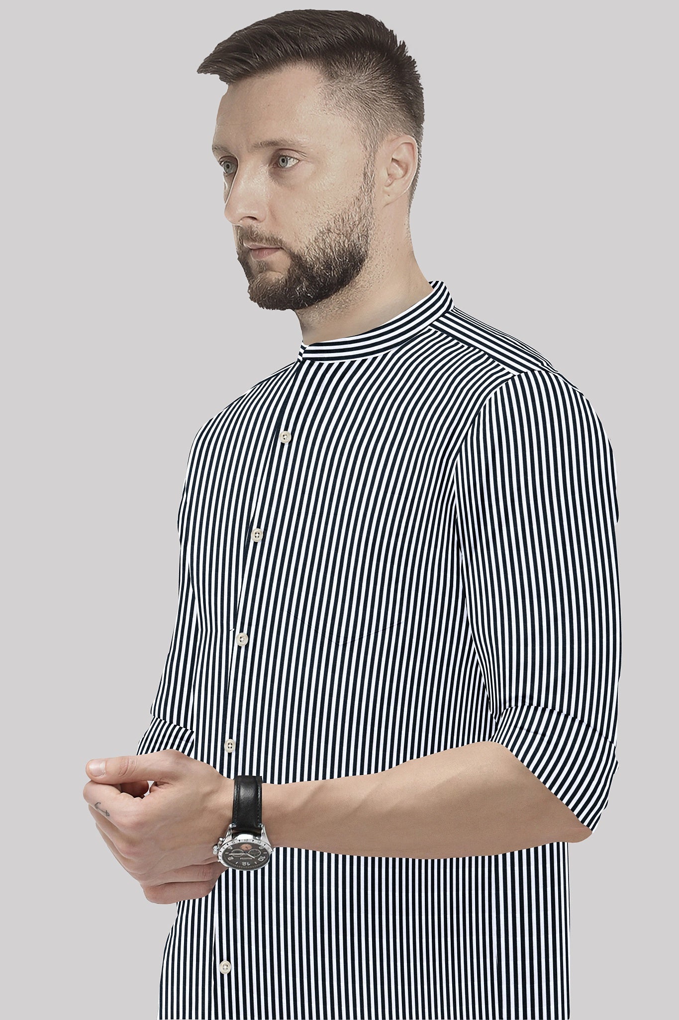 Jet Black and White Candy Stripes Mandarin Collar Cotton Shirt