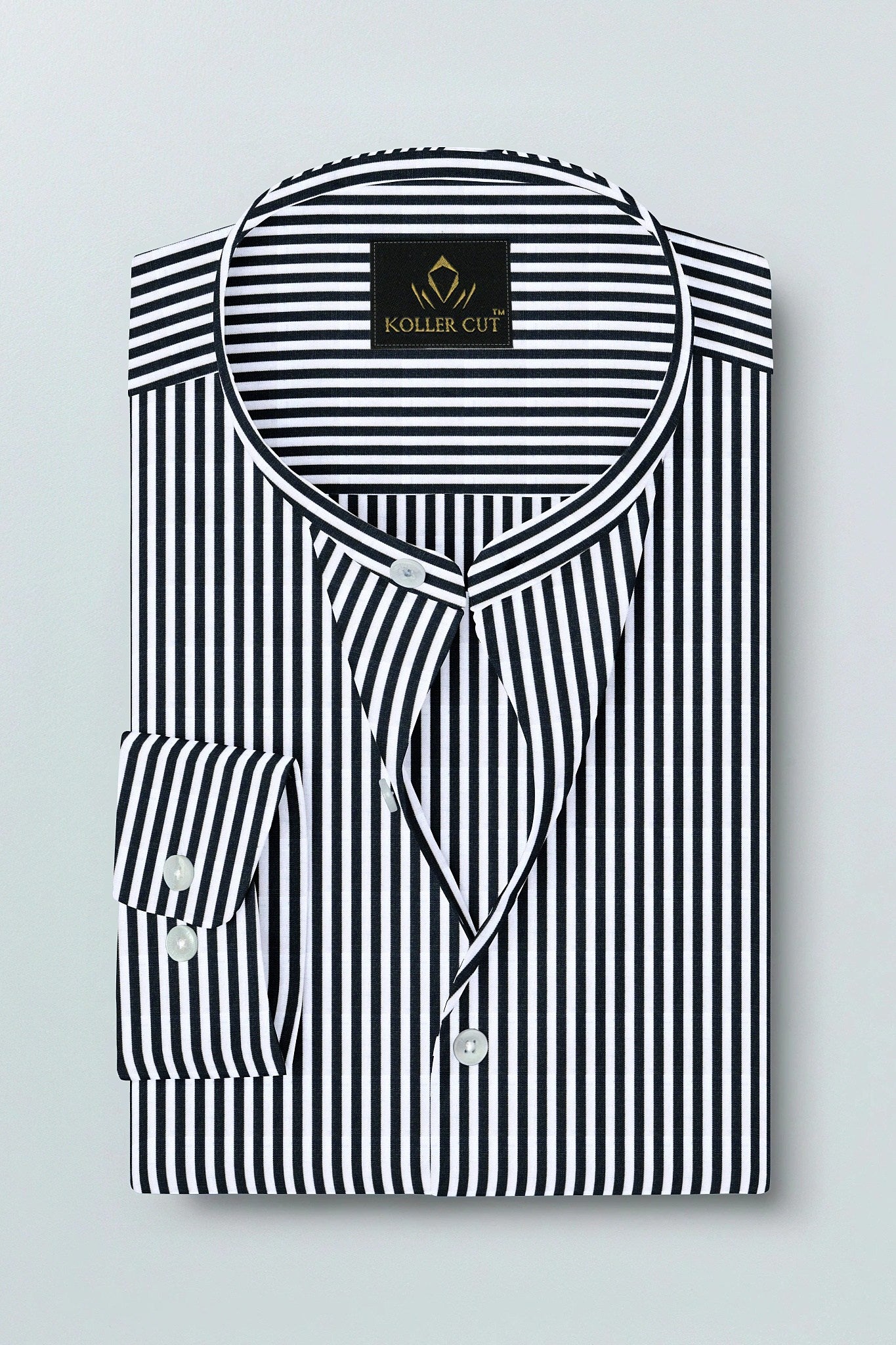 Jet Black and White Candy Stripes Mandarin Collar Cotton Shirt