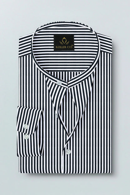 Jet Black and White Candy Stripes Mandarin Collar Cotton Shirt