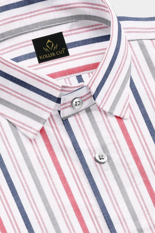 White with Insignia Blue and Rococo Red Multitrack Stripes Cotton Shirt