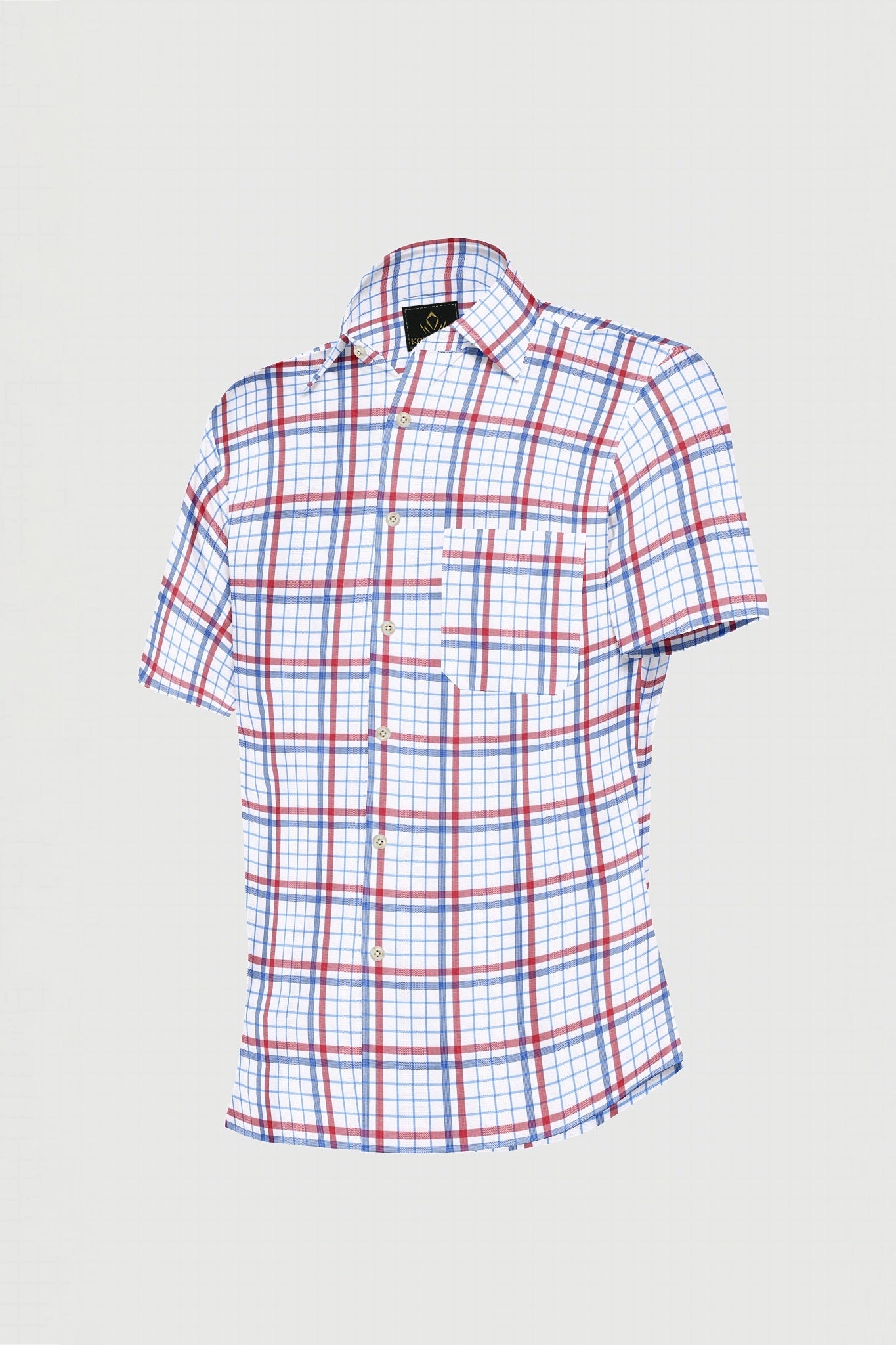 White with Vermilion Red and Cobalt Blue Checks Cotton Shirt