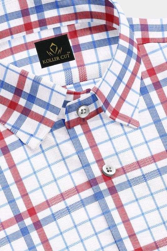White with Vermilion Red and Cobalt Blue Checks Cotton Shirt
