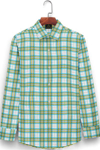 White with Cadmium Yellow and Aqua Blue Checks Cotton Shirt
