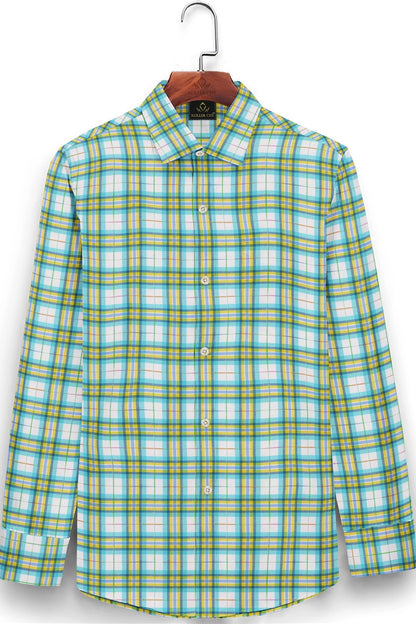 White with Cadmium Yellow and Aqua Blue Checks Cotton Shirt