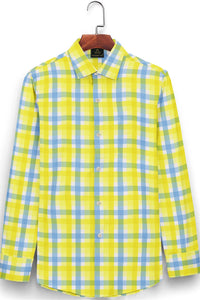 White with Celandine Yellow and Lichen Blue Checks Cotton Shirt