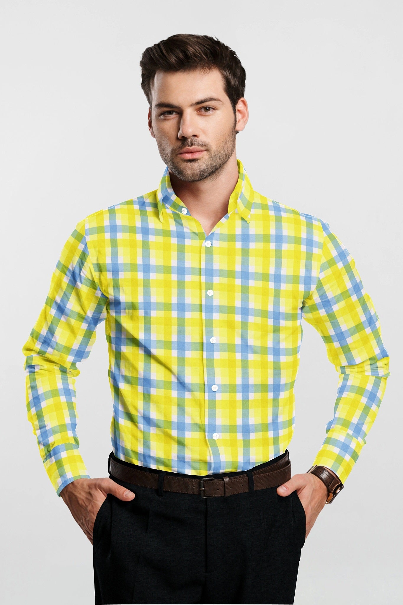 White with Celandine Yellow and Lichen Blue Checks Cotton Shirt