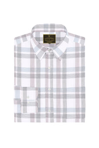 White with Steel Blue and Auburn Red Dash Checks Cotton Shirt