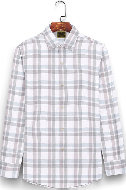 White with Steel Blue and Auburn Red Dash Checks Cotton Shirt