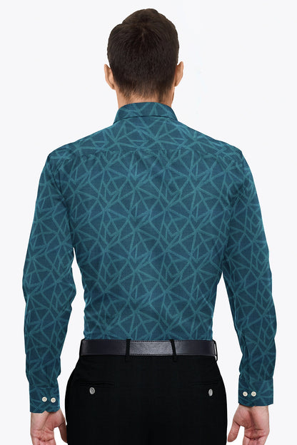 Teal Blue and Turquoise Blue Abstract Jacquard Print Egyptian Giza Cotton Shirt