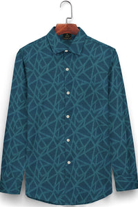 Teal Blue and Turquoise Blue Abstract Jacquard Print Egyptian Giza Cotton Shirt