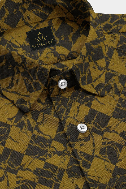 Midnight Blue and Mustard Yellow Jacquard Square Printed Two Toned Egyptian Giza Cotton Shirt