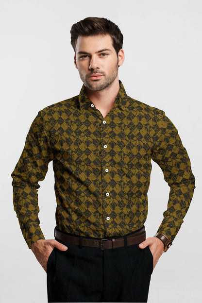 Midnight Blue and Mustard Yellow Jacquard Square Printed Two Toned Egyptian Giza Cotton Shirt
