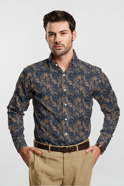Navy with Beige and Vivid Orange Hibiscus Flower Jacquard Printed Three Toned Egyptian Giza Cotton Shirt