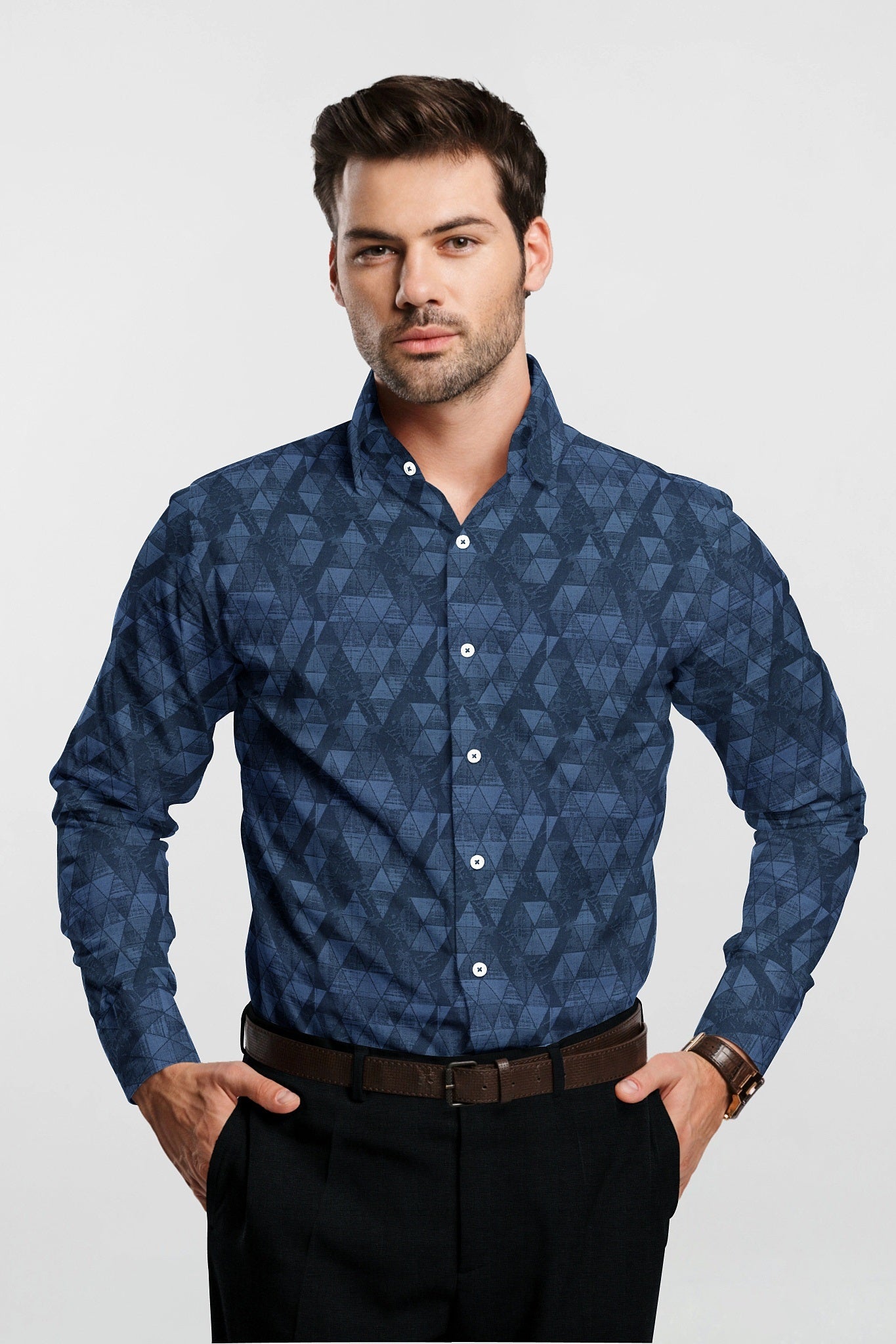 Glaucus Blue and Spruce Blue Jacquard Triangle Printed Egyptian Giza Cotton Shirt