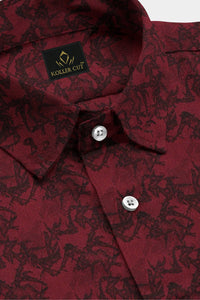 Carmine Red and Jade Black Jacquard Thorn Printed Egyptian Giza Cotton Shirt