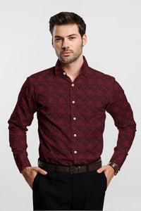 Carmine Red and Jade Black Jacquard Thorn Printed Egyptian Giza Cotton Shirt