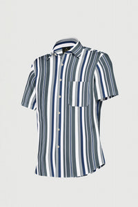 White with Resolution Blue and Slate Gray Multitrack Stripes Cotton Shirt