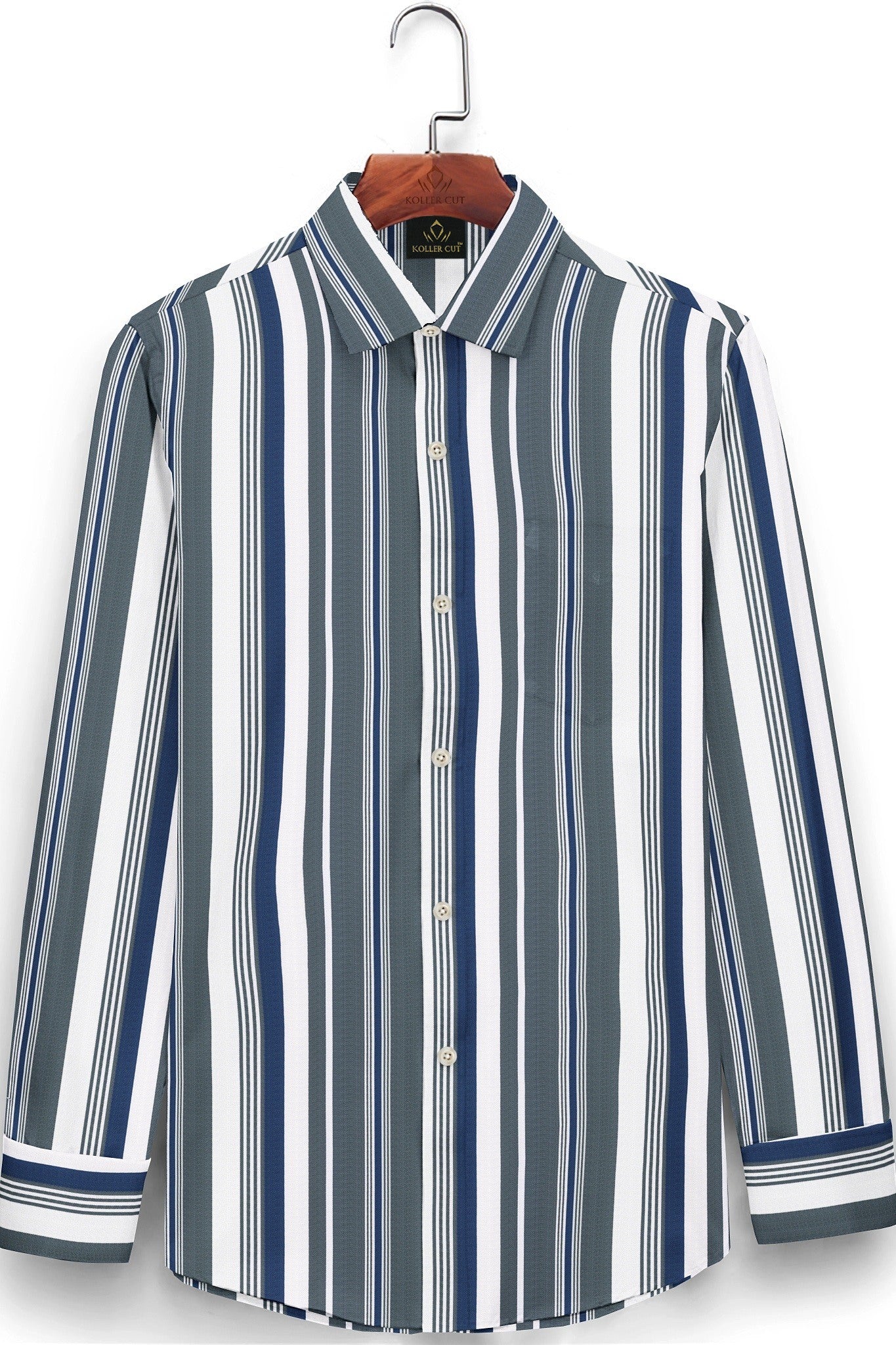 White with Resolution Blue and Slate Gray Multitrack Stripes Cotton Shirt