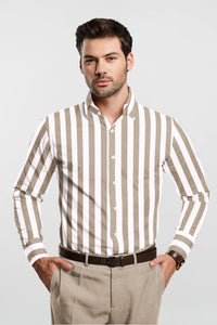 Latte Brown and White Awning Stripes Cotton Shirt